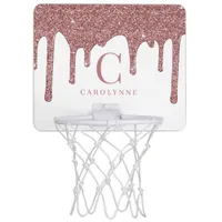 Rose Gold Sparkle Glitter Drips Monogram Mini Basketball Hoop