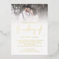 Modern Script QR Code Photo Wedding Luxury Gold  Foil Invitation