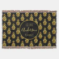 Black gold pineapples pattern family name throw blanket