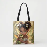 Cute Anime Fairy Girl and Chibi Dragon Tote Bag