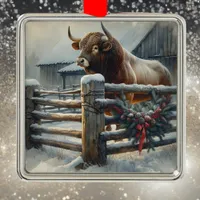 Cute Bull on a  Rustic Farm Christmas Metal Ornament