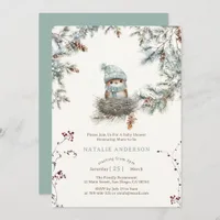 Cute Snowy Woodland Blue Bird's Nest Baby Shower Invitation