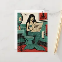 Mid Century Sea Siren on Toilet Reading Newspaper Postcard