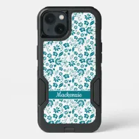 Modern Teal Turquoise Flower Pattern Monogram iPhone 13 Case