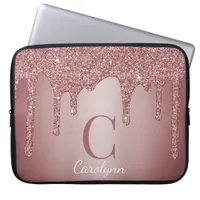 Girly Rose Gold Sparkle Glitter Drips Monogram Laptop Sleeve