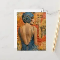 Paris Fashion Woman in Blue Dress Mixed Media  Postcard