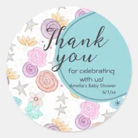 Thank You Floral Stars Teal Blue Baby Shower Favor Classic Round Sticker