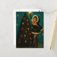 Adorable Goth Vintage Witch Decorates Yule Tree Postcard