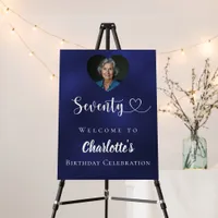 Navy blue 70th birthday party photo heart welcome foam board