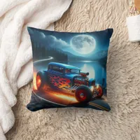 Revving through the night by the moonlit lake throw pillow