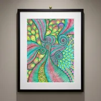 Vibrant Hand-Drawn Teal Pink Swirl Abstract Art Poster
