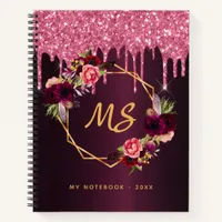 Burgundy pink flowers glitter drips monogram notebook