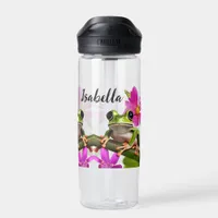 Personalized Green Frog Surrounded by Pink Flowers Water Bottle