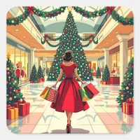 Retro Woman Shopping Mid Century Christmas Square Sticker
