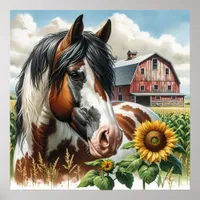 Pretty Spotted Horse and Rustic Barn Poster