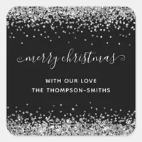 Silver Glitter Merry Christmas Script Names Black Square Sticker