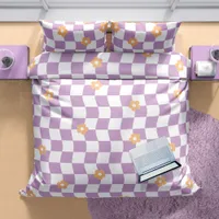 Girly Purple White Checkerboard Floral Pattern Duvet Cover