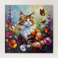 Cute Whimsical  Cat, Flowers and Butterflies Jigsaw Puzzle