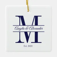 Minimalist Navy Blue Wedding Split Monogram Ceramic Ornament