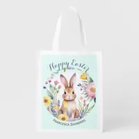 Easter Bunny and Flowers Cute Springtime Reusable Grocery Bag