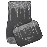 Silver Glitter Drips Sparkle Gray Monogram Car Floor Mat