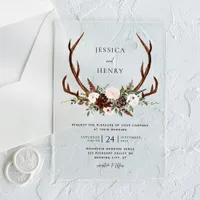 Boho Rustic Floral Antlers Wedding Acrylic Invitations