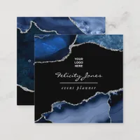 Navy and Silver Agate Precious stone Square Business Card