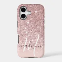 Girly Rose Gold Glitter Monogram Name iPhone 17 Case