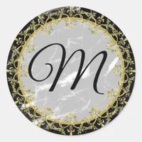 Black and White Marble Gold Monogrammed Classic Round Sticker