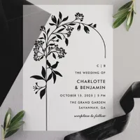 Modern Black Botanical Arch Wedding Vellum Invitations