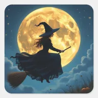 Wicked Halloween | Witch on Broom with Full Moon Square Sticker