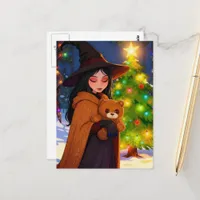 Anime Witch and Teddy Bear With Christmas Tree Postcard