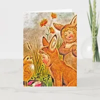 Bunny Children and Chick, Happy Easter Holiday Card