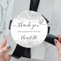 White silver confetti thank you classic round sticker