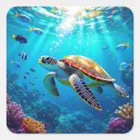 Sea Turtle Colorful Underwater Scene   Square Sticker