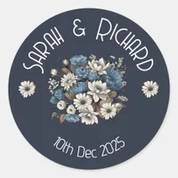 Elegant Navy Romantic Floral Wedding  Classic Round Sticker