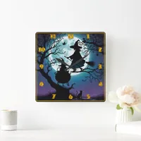 Witch flying at night under a full moon square wall clock