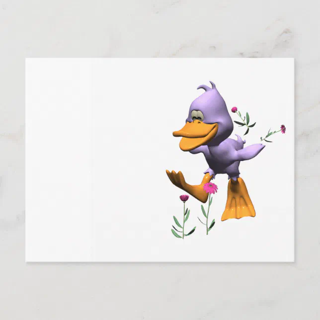 Cute Happy Cartoon Duck Running Through Flowers Postcard