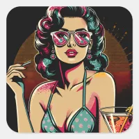 Comic Retro Pinup Girl with a Cocktail Birthday Square Sticker