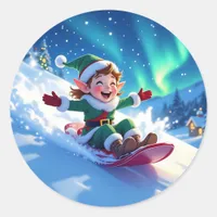Cute Happy Elf Sledding Christmas Classic Round Sticker