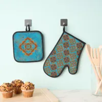 Southwest Mountain Peaks Turquoise Geometric  Oven Mitt & Pot Holder Set