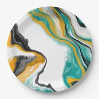 Turquoise, Gold, Marble Fluid Art   Paper Plates