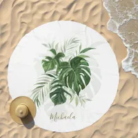 Tropical Leaves Watercolor Greenery Personalized Beach Towel