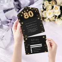 80th birthday black gold stars rsvp all in one invitation