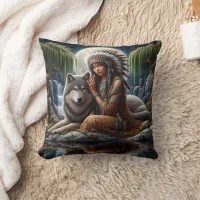 Native Woman With Wolf by Moonlit Lake Throw Pillow