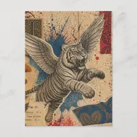 Tiger with wings mixed media collage postcard