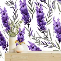 Elegant Home Decor: Purple Floral with Green Leaf Wallpaper