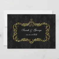 regal flourish black and gold damask save the date