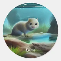 Cute baby otter in pond - personalizable    classic round sticker