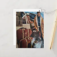 Vintage Suitcases Ad Collage Man and Woman  Postcard